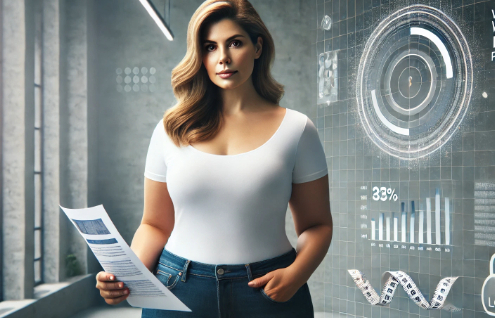 Is Qsymia the Right Weight Loss Drug? – A confident, overweight woman in her mid-50s stands in a modern space, holding a document. Behind her, a digital weight loss progress chart and a measuring tape symbolize health and weight management.