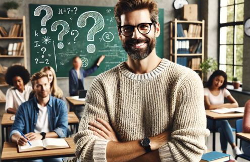 Qsymia Questions – A confident male professor in a cozy sweater stands in front of a university classroom with adult students. A chalkboard behind him is filled with question marks and handwritten notes, symbolizing curiosity and learning.