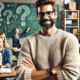 Qsymia Questions – A confident male professor in a cozy sweater stands in front of a university classroom with adult students. A chalkboard behind him is filled with question marks and handwritten notes, symbolizing curiosity and learning.