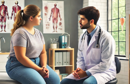 How Qsymia Works – A doctor in a white coat sits on a stool, attentively discussing weight management with an overweight female patient seated on an examination table.