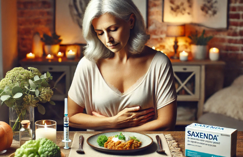 Is Saxenda right for your weight loss plan? A middle-aged woman with silver hair sits at a warmly lit dinner table, holding her stomach with a thoughtful expression, as if considering her weight loss journey. In front of her is a plate of healthy food, and on the table beside her, a prominently placed Saxenda injectable pen, a prescription bottle, and an informational pamphlet reinforce the theme of medical weight management.