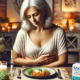 Is Saxenda right for your weight loss plan? A middle-aged woman with silver hair sits at a warmly lit dinner table, holding her stomach with a thoughtful expression, as if considering her weight loss journey. In front of her is a plate of healthy food, and on the table beside her, a prominently placed Saxenda injectable pen, a prescription bottle, and an informational pamphlet reinforce the theme of medical weight management.