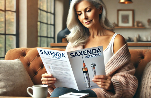 Could Saxenda be the answer? A middle-aged woman with silver hair sits on a cozy couch, reading a Saxenda Injectable brochure.