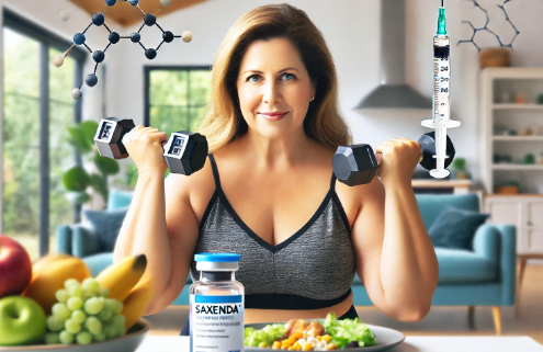 Is Saxenda the best weight loss solution? An attractive overweight woman in her mid-50s exercises with dumbbells in a bright home setting. A blurred plate of healthy food is in the background, while a Saxenda injectable pen and scientific elements related to weight loss are featured, emphasizing a balanced and informed approach to weight management.