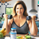 Is Saxenda the best weight loss solution? An attractive overweight woman in her mid-50s exercises with dumbbells in a bright home setting. A blurred plate of healthy food is in the background, while a Saxenda injectable pen and scientific elements related to weight loss are featured, emphasizing a balanced and informed approach to weight management.