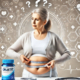 Find out if Orlistat is the best weight loss drug: A silver-haired woman measures her waist with a tape, looking thoughtful. A bottle of Orlistat sits on the table, while medical symbols and question marks float behind her, representing her consideration of weight loss options.