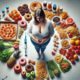 Saxenda for Food Cravings – An overweight woman stands in the center of a circular arrangement of food, with unhealthy options on one side and healthy choices on the other.