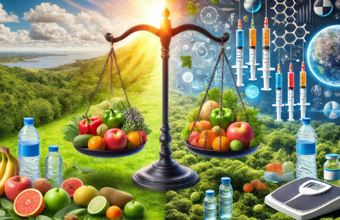 Is Saxenda right for my weight loss journey? A balance scale in a lush landscape contrasts natural weight management with medical intervention. One side holds fresh fruits, vegetables, and water, while the other features syringes and scientific elements, symbolizing weight loss treatments.