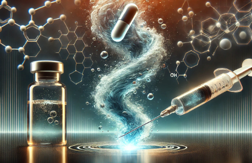 Contrave and Ozempic Together Drug interactions depicted in a futuristic medical visualization. A dissolving pill releases swirling particles as it merges with a liquid stream from a syringe, forming a glowing reaction.