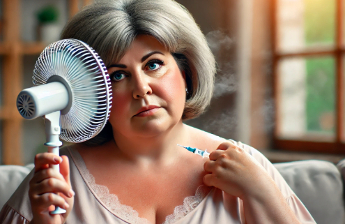 Does Wegovy Make You Sweat? A middle-aged overweight woman with a flushed face experiences hot flashes. She uses a small fan to cool herself while holding an injectable pen.