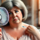 Does Wegovy Make You Sweat? A middle-aged overweight woman with a flushed face experiences hot flashes. She uses a small fan to cool herself while holding an injectable pen.