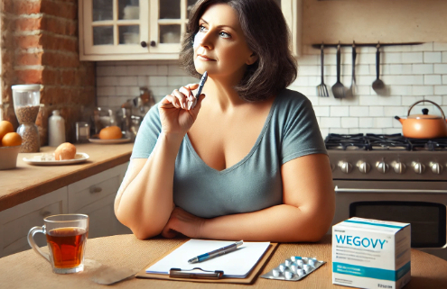 Wegovy vs other weight loss drugs: A middle-aged overweight woman sits at her kitchen table, holding an injectable pen in her hand while contemplating her options. She gazes off to the side with a thoughtful expression, weighing the benefits of Wegovy compared to other treatments.