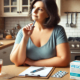 Wegovy vs other weight loss drugs: A middle-aged overweight woman sits at her kitchen table, holding an injectable pen in her hand while contemplating her options. She gazes off to the side with a thoughtful expression, weighing the benefits of Wegovy compared to other treatments.