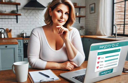 Wegovy Quiz: An attractive overweight middle-aged woman sits at her desk, focused on her laptop as she takes an online Wegovy Quiz. She has a thoughtful expression, carefully considering her answers.