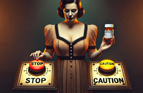 Wegovy weight loss: An attractive overweight middle-aged woman stands in front of two large illuminated buttons—one red labeled 'STOP' and one yellow labeled 'CAUTION.' She holds a Wegovy prescription bottle in one hand while hesitantly reaching toward the stop button, contemplating her decision.