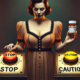 Wegovy weight loss: An attractive overweight middle-aged woman stands in front of two large illuminated buttons—one red labeled 'STOP' and one yellow labeled 'CAUTION.' She holds a Wegovy prescription bottle in one hand while hesitantly reaching toward the stop button, contemplating her decision.