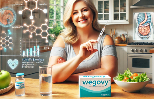 Does Wegovy Align with Your Weight Loss Goals? An attractive overweight middle-aged woman sits in a bright, modern kitchen, holding a Wegovy injection pen with a confident smile. The scene includes scientific and medical elements, such as molecular structures, a weight loss progress chart, and a digital health monitor, reinforcing the theme of informed health decisions. A Wegovy box, a glass of water, and a bowl of salad sit on the table, emphasizing a healthy lifestyle.