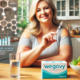 Does Wegovy Align with Your Weight Loss Goals? An attractive overweight middle-aged woman sits in a bright, modern kitchen, holding a Wegovy injection pen with a confident smile. The scene includes scientific and medical elements, such as molecular structures, a weight loss progress chart, and a digital health monitor, reinforcing the theme of informed health decisions. A Wegovy box, a glass of water, and a bowl of salad sit on the table, emphasizing a healthy lifestyle.