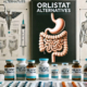 Orlistat alternatives: A variety of weight loss medications, including pills, capsules, and injectables, are displayed on a table. Behind them, anatomical diagrams and a digestive system illustration highlight different treatment options.