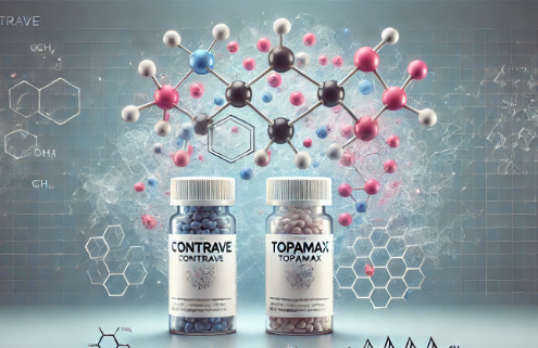 Contrave and Topamax together are depicted in this scientific medical illustration, showcasing their potential drug interactions. The image features two pill bottles labeled 'Contrave' and 'Topamax' with molecular structures floating between them, symbolizing their interaction.