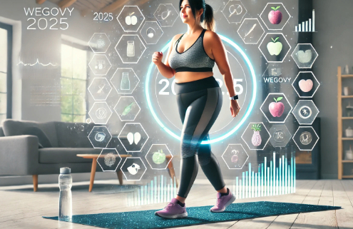 Wegovy side effects and benefits are considered as an attractive, overweight middle-aged woman walks on a fitness mat, surrounded by digital health and diet icons.