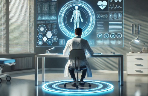 Could Wegovy be your weight loss answer? A futuristic medical scene shows a male doctor in a white coat analyzing holographic patient data on a floating screen, featuring a 3D human anatomy projection and health metrics in a high-tech clinical setting.