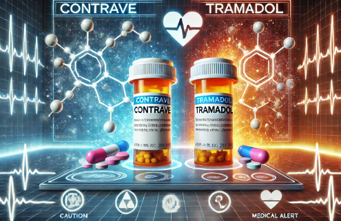 Contrave and tramadol drug interactions are visually represented in this digital illustration, featuring two pill bottles labeled "Contrave" and "Tramadol" with glowing chemical reaction symbols between them.