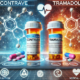 Contrave and tramadol drug interactions are visually represented in this digital illustration, featuring two pill bottles labeled "Contrave" and "Tramadol" with glowing chemical reaction symbols between them.