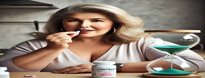 How long does Contrave stay in your system? An overweight woman in her mid-50s takes a Contrave capsule while looking at an hourglass with little sand remaining, alongside a pill bottle labeled 'Contrave' on the counter.