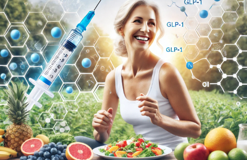 GLP-1 drugs for weight loss support a healthy lifestyle, as depicted by a happy woman in her mid-50s exercising outdoors and enjoying a nutritious meal. In the background, a GLP-1 injectable pen and scientific elements symbolize the medical and metabolic benefits of these treatments.