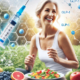 GLP-1 drugs for weight loss support a healthy lifestyle, as depicted by a happy woman in her mid-50s exercising outdoors and enjoying a nutritious meal. In the background, a GLP-1 injectable pen and scientific elements symbolize the medical and metabolic benefits of these treatments.