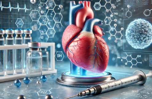 Can GLP-1 drugs boost weight loss and improve heart health? This futuristic medical image showcases a detailed human heart model wrapped with a stethoscope, set against a high-tech background featuring an injectable pen, holographic molecular structures, and medical data screens.