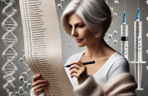 GLP-1 medications list held by a slightly overweight woman in her mid-50s with salt-and-pepper gray hair, examining it with a focused expression. She holds an ink pen, ready to mark the list. In the background, injectable pens and scientific elements representing GLP-1 molecules create a medical and scientific atmosphere.