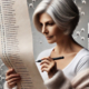 GLP-1 medications list held by a slightly overweight woman in her mid-50s with salt-and-pepper gray hair, examining it with a focused expression. She holds an ink pen, ready to mark the list. In the background, injectable pens and scientific elements representing GLP-1 molecules create a medical and scientific atmosphere.