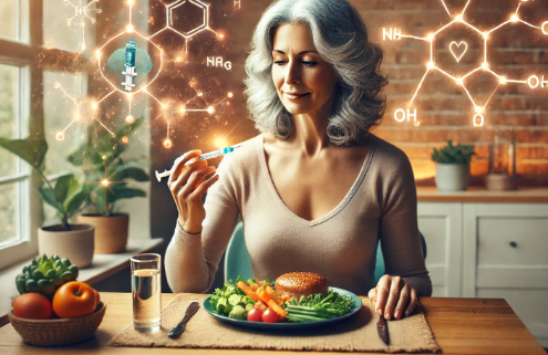 What is Mounjaro? A mid-50s woman with salt-and-pepper gray hair sits at a dining table, eating a healthy meal. An injectable pen rests beside her plate, symbolizing weight loss medication. Above her head, scientific symbols swirl, representing the medical science behind treatments like Mounjaro.