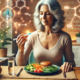 What is Mounjaro? A mid-50s woman with salt-and-pepper gray hair sits at a dining table, eating a healthy meal. An injectable pen rests beside her plate, symbolizing weight loss medication. Above her head, scientific symbols swirl, representing the medical science behind treatments like Mounjaro.