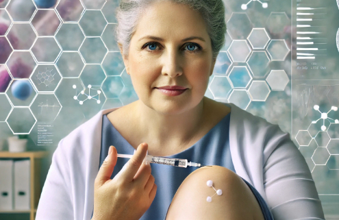 Mounjaro injection sites are demonstrated in this image of an overweight woman in her mid-50s with slightly gray hair injecting medication into her bare thigh. She has a calm and focused expression, and the background features scientific and medical elements, including molecular diagrams, DNA strands, and medical charts, emphasizing a clinical and research-based approach.