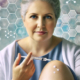Mounjaro injection sites are demonstrated in this image of an overweight woman in her mid-50s with slightly gray hair injecting medication into her bare thigh. She has a calm and focused expression, and the background features scientific and medical elements, including molecular diagrams, DNA strands, and medical charts, emphasizing a clinical and research-based approach.