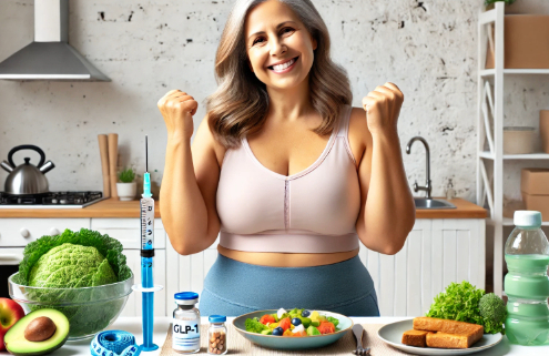 Mounjaro (tirzepatide) uses illustrated with a happy overweight woman in her mid-50s celebrating weight loss. She is dressed in modest workout clothing, with a healthy plate of food, a small injectable pen, and an unmarked vial in the background, symbolizing GLP-1 treatment. The setting is bright and clean, emphasizing health and well-being.