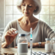 Mounjaro drug interactions depicted with a table holding a bottle of pills, a small vial of clear liquid insulin, various pills and supplements, and an injectable pen. A middle-aged woman with grayish hair stands nearby, thoughtfully examining the medications. The setting is a well-lit, neutral-colored room with an organized table, highlighting concerns about medication interactions.