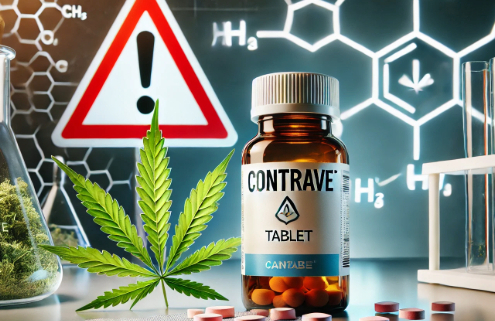 Contrave and Marijuana Drug Interactions: A Contrave bottle and tablet beside a cannabis plant, with a caution symbol indicating potential risks. The background features scientific elements like molecular structures and chemical formulas.