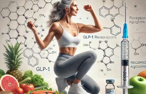 Which GLP-1 is best for weight loss in 2025? A fit woman in her mid-50s with salt-and-pepper gray hair exercises in modest workout attire while eating a healthy meal. A GLP-1 injectable pen labeled "GLP-1" is prominently displayed, with subtle scientific elements in the background representing medical research on weight loss treatments.