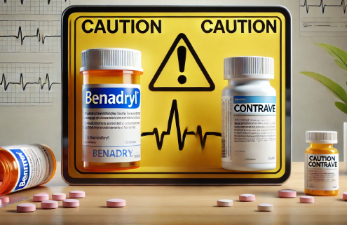 Contrave and Benadryl drug interactions warning: A realistic widescreen image featuring two pill bottles labeled "Benadryl" and "Contrave" on a table with a prominent yellow caution sign between them. The neutral background and subtle medical elements, like a heart rate monitor line, emphasize the potential risks of combining these medications.