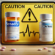 Contrave and Benadryl drug interactions warning: A realistic widescreen image featuring two pill bottles labeled "Benadryl" and "Contrave" on a table with a prominent yellow caution sign between them. The neutral background and subtle medical elements, like a heart rate monitor line, emphasize the potential risks of combining these medications.