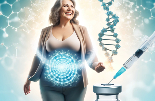 What are GLP-1 drugs? This image depicts a happy, attractive overweight woman in her 50s celebrating her weight loss. She stands confidently, smiling with joy, while glowing GLP-1 molecular structures swirl around her body, symbolizing the effects of the medication.