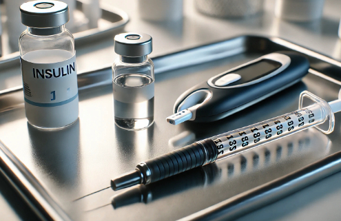 s Mounjaro Insulin? A close-up of a sterile injection pen and a syringe with an insulin vial placed on a medical tray in a clean, clinical setting. The unbranded medical equipment reflects a professional healthcare environment, emphasizing diabetes treatment and medication administration.