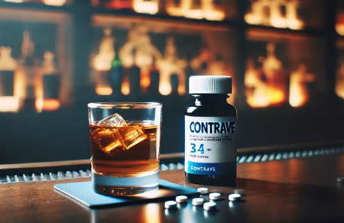Contrave and alcohol drug interactions are represented by a small glass of alcohol beside a Contrave pill bottle on a bar counter, with a blurred background creating a moody contrast.