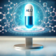 Alli (orlistat) weight loss pills displayed in a futuristic scientific setting, surrounded by glowing molecular structures and chemical formulas representing fat metabolism.