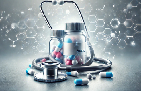 Contrave and Prozac together drug interactions are symbolized in this image by a stethoscope wrapped around two pill bottles, representing the need for medical supervision when combining these medications. The background subtly features chemical elements related to Contrave and Prozac, creating a scientific and professional aesthetic.