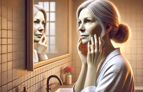 Ozempic face: A mature woman in her 50s examines her reflection in the bathroom mirror with a worried expression. Her face appears gaunt, with sagging skin and pronounced wrinkles, common signs of rapid weight loss.